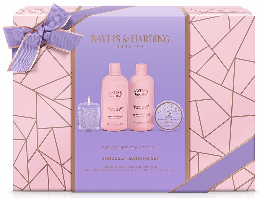 Набор - Baylis & Harding Jojoba, Vanilla & Almond Oil Luxury Candlelit Bathing Gift Set (sh/cr/300ml + h/b/lot/50ml + b/bubble/300ml + candle/60g) — фото N1