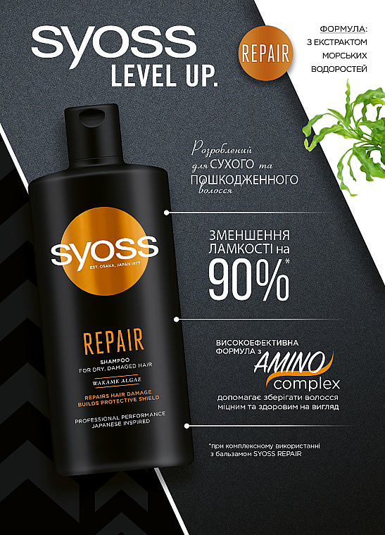 Шампунь з водоростями вакаме для сухого й пошкодженого волосся - Syoss Repair Shampoo — фото N3