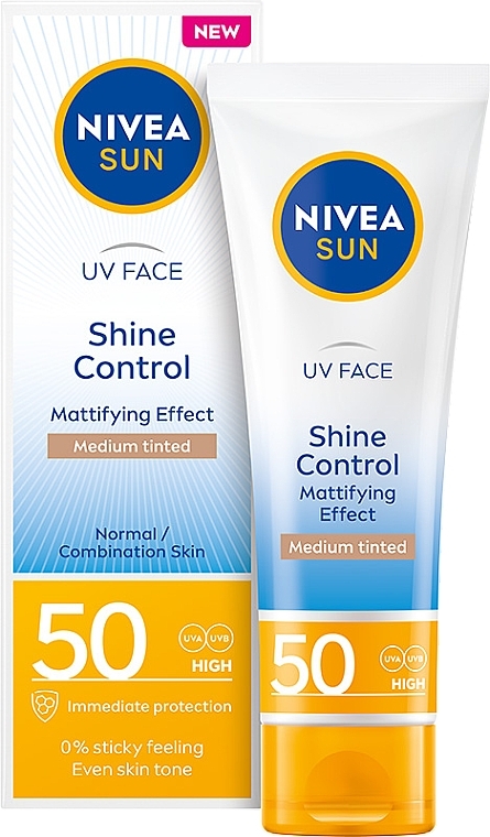 Крем для лица с матирующим эффектом SPF50 - NIVEA Sun UV Face Shine Control Mattifying Effect Medium Tinted Cream SPF50 — фото N2