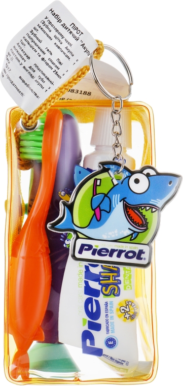Набор детский "Акула", оранжевый + бирюзово-фиолетовая акула + желтый чехол - Pierrot Kids Sharky Dental Kit (tbrsh/1шт. + tgel/25ml + press/1шт.) — фото N1