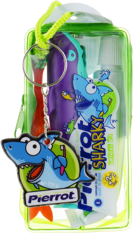 Набор детский "Акула", оранжевый + фиолетовый + бирюзовый + чехол зеленый - Pierrot Kids Sharky Dental Kit (tbrsh/1шт. + tgel/25ml + press/1шт.) — фото N1
