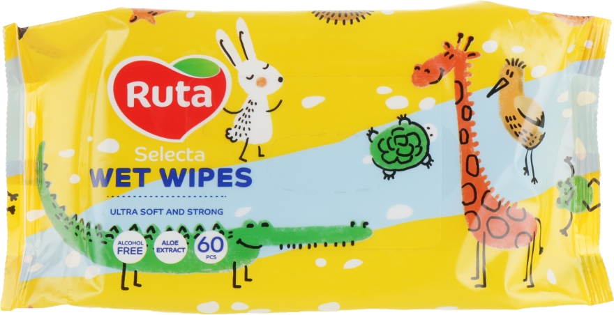 Влажные салфетки с экстрактом алоэ "Веселые зверята", 60 шт - Ruta Selecta Wipes — фото N1