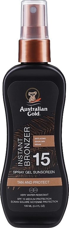 Спрей-гель для загара с бронзатором - Australian Gold Spray Gel Sunscreen with Instant Bronzer SPF 15 PA +++ — фото N1