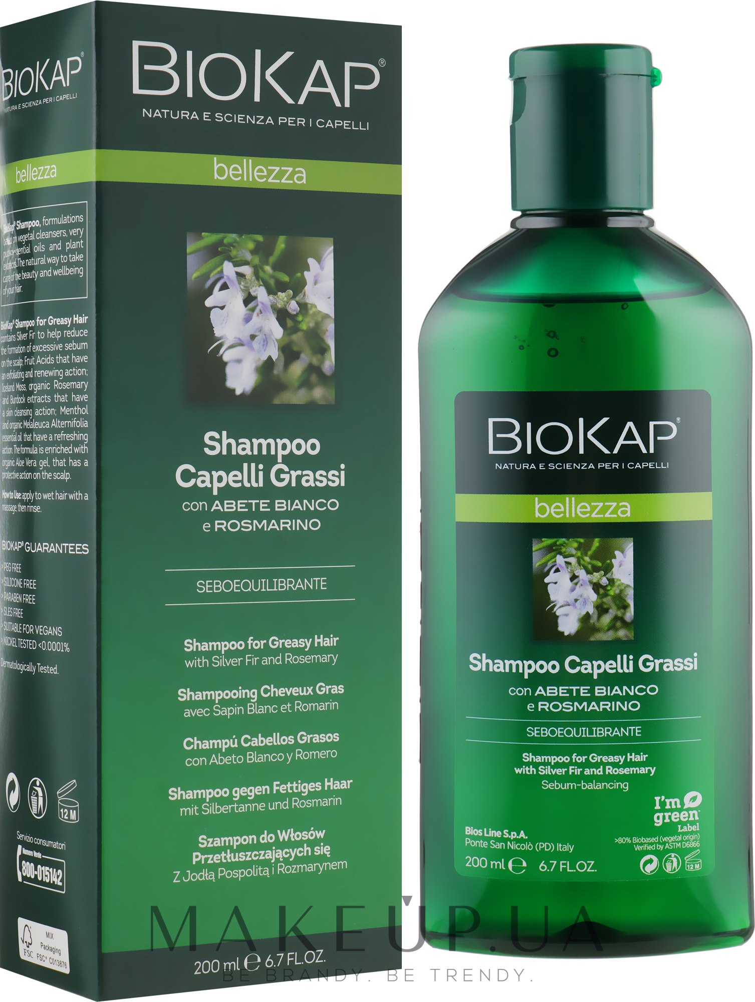 Шампунь для жирных волос - BiosLine BioKap Shampoo For Oily Hair With Silver Fir And Rosemary — фото 200ml