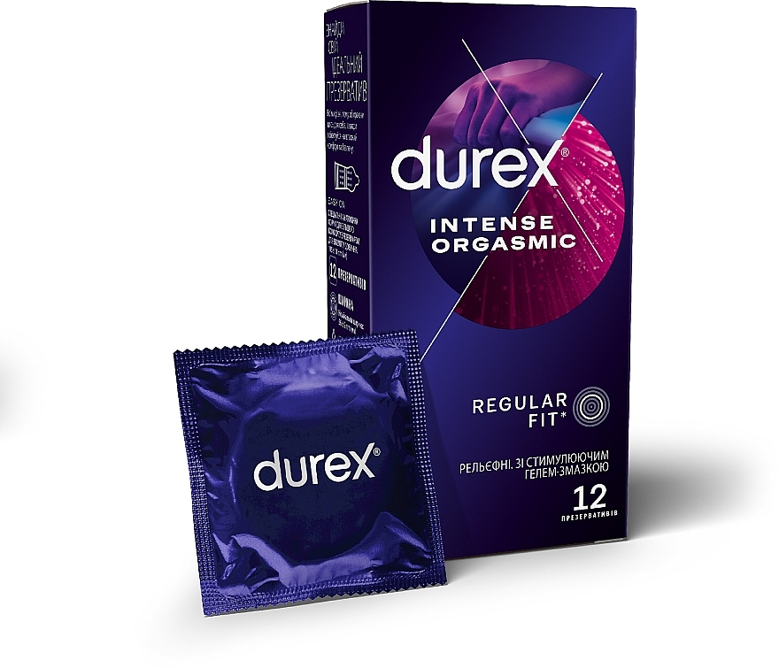 Презервативы латексные с силиконовой смазкой, рельефные со стимулирующим гелем-смазкой, 12 шт - Durex Intense Orgasmic