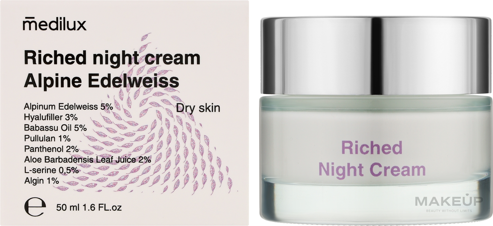 Нічний крем для сухої та чутливої ​​шкіри - Medilux Alpine Edelweiss Riched Night Cream — фото 50ml