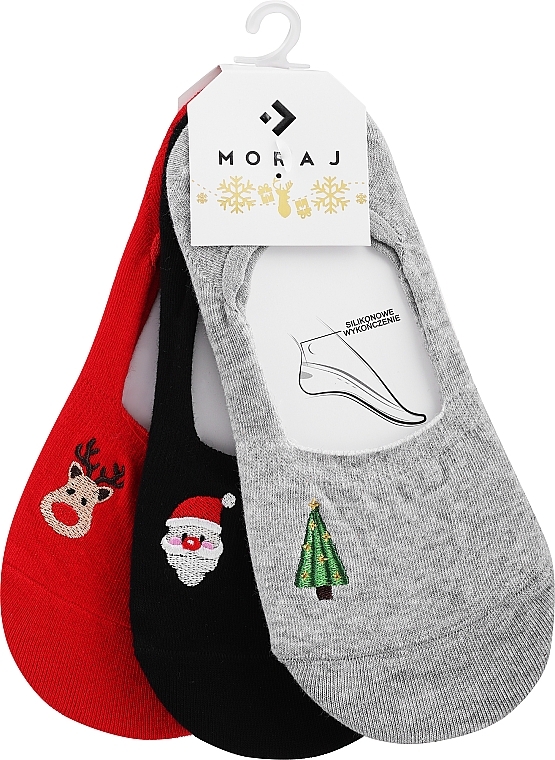 Женские носки-следы с вышивкой, 3 пары, рождественский мотив, красные + черные + серые - Moraj — фото N1
