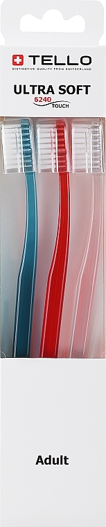 Набор зубных щеток, экстра-мягких, 6240, бирюзовая + красная + прозрачная - Tello Ultra Soft — фото N1
