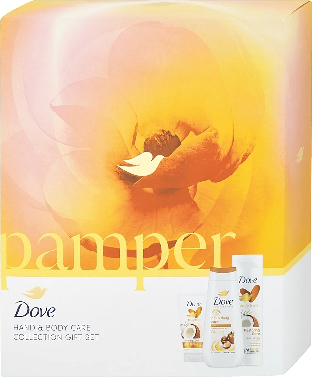 Набор - Dove Pamper Hand And Body Care Collection Gift Set (sh/gel/225ml + b/lot/250ml + h/cr/75ml) — фото N1