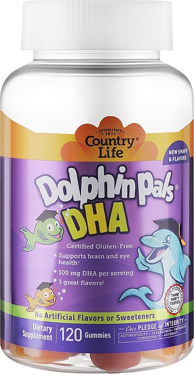 УЦІНКА Жувальні капсули у формі дельфінчиків "Риб'ячий жир" для дітей - Country Life Dolphin Pals DHA * — фото N1