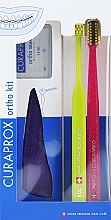 Набор, вариант 37 (синий, салатовый, розовый) - Curaprox Ortho Kit (brush/1pcs + brushes 07,14,18/3pcs + UHS/1pcs + orthod/wax/1pcs + box) — фото N1