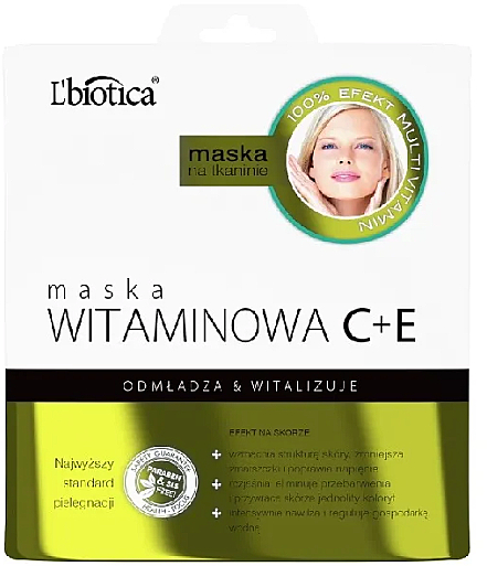 Тканинна маска для обличчя "Вітамінна С + Е" - L'biotica Home Spa Vitamin Mask C + E — фото N1