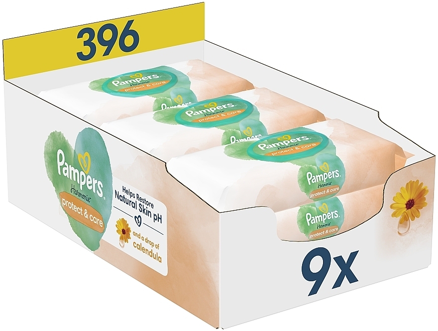 Дитячі вологі серветки з календулою, 396 шт. - Pampers Harmonie Protect&Care Baby Wipes  — фото N1