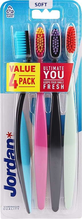 Зубна щітка м'яка, 4 шт., чорно-блакитна + сіра + зелена + чорна - Jordan Ultimate You Soft Toothbrush — фото N1