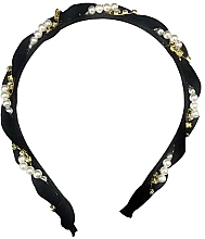 Обруч для волос декоративный плетеный с жемчугом, черный - Ecarla — фото N1