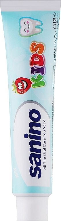 Зубна паста "Дбайлива турбота для дитячих зубів" з полуничним смаком - Sanino Kids