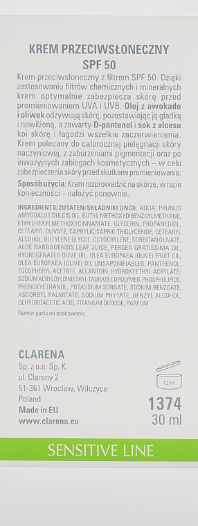 Солнцезащитный крем SPF 50+ для чувствительной кожи - Clarena Sensitive Line Sun Protect Cream 50+ — фото N3