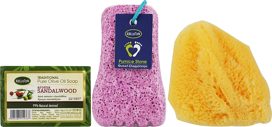 Набор, мыло с ароматом сандалового дерева - Kalliston (soap/100g + stone/1pcs + sponge/1pcs) — фото N1