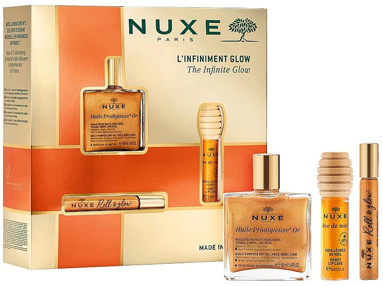 Набор - Nuxe Huile Prodigieuse The Infinite Glow (oil/50ml + oil/roll-on/8ml + lip/balm/10ml) — фото N2