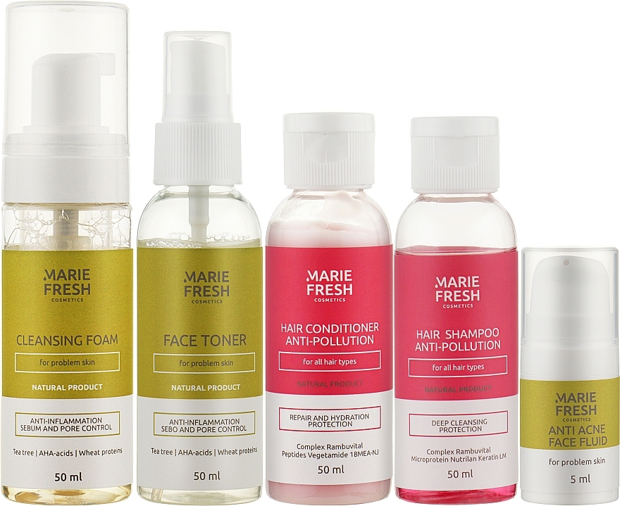 Дорожный набор для проблемной кожи - Marie Fresh Cosmetics Travel Set for Problem Skin (f/foam/50ml + f/ton/50ml + h/shm/50ml + h/cond/50ml + f/fluid/5ml)