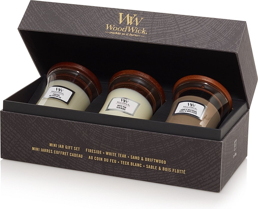 Набор - WoodWick 3 Mini Jar Set Fireside x White Teak x Sand & Driftwood (candle/3x85g) — фото N2