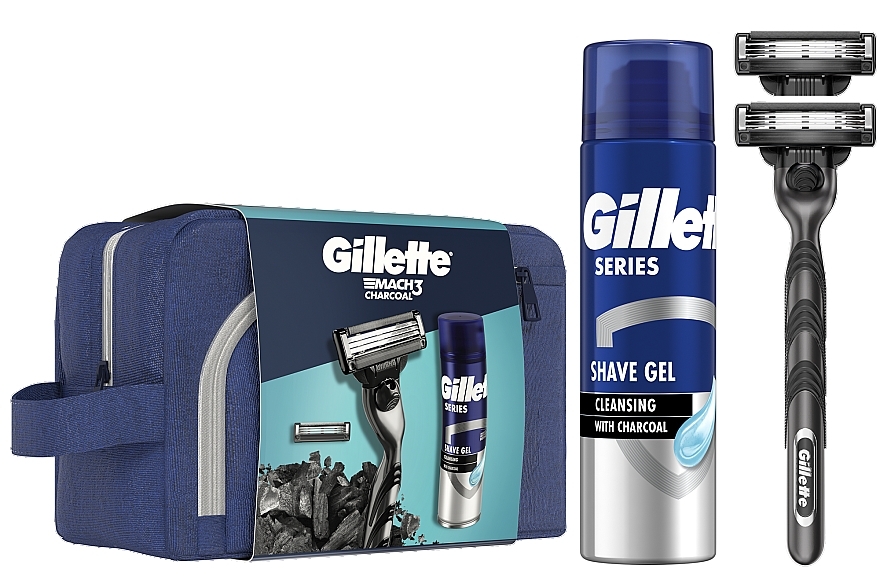 Набор - Gillete Mach3 Charcoal (shave/gel/200ml + razor/1pc + bag/1pc) — фото N1