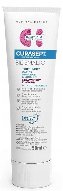 Зубная паста для детей от 6 месяцев, без фтора - Curaprox Curasept Biosmalto Baby-Kid Caries, Abrasion & Erosion Fluoride-Free — фото N1