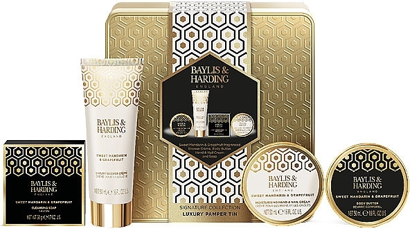 Набор - Baylis & Harding Sweet Mandarin & Grapefruit Luxury Pamper Tin Gift Set (sh/cr/50ml + b/butter/50ml + h/cr/50ml + soap/50g) — фото N1