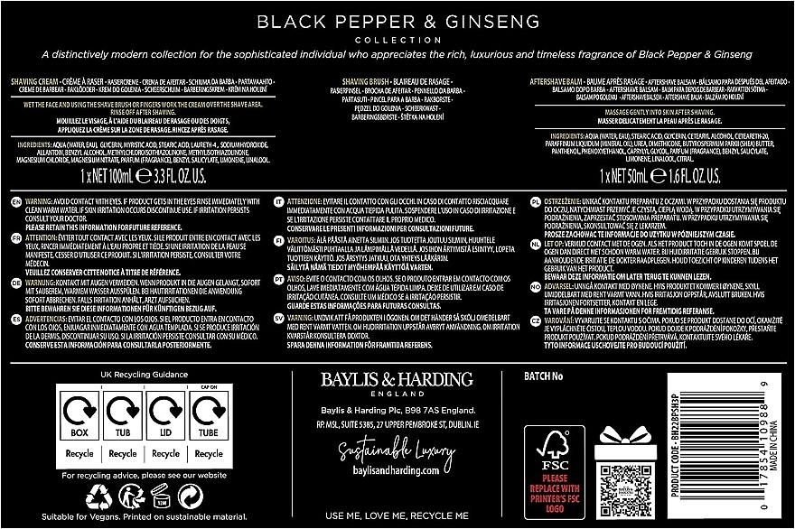 Набір - Baylis & Harding Black Pepper & Ginseng Luxury Shave Set (sh/cr/100ml + ash/balm/50ml + sh/brush) — фото N2