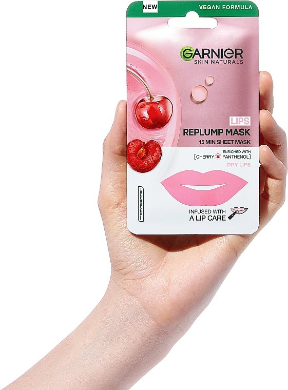 Тканевая маска для увлажнения и восстановления сухой кожи губ с экстрактом вишни и провитамином В5 - Garnier Skin Naturals — фото N7