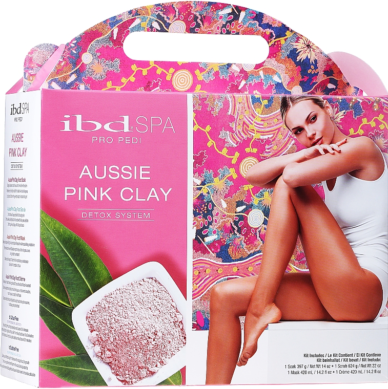 Набор для рук и ног с розовой глиной - IBD Aussie Pink Clay Detox Intro Kit (soak/397g + scr/624g + mask/420ml + cr/420ml + cuticle/free/59ml + callus/free/118ml) — фото N1