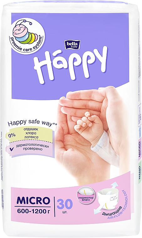 Детские подгузники "Happy" Micro (600-1200 г, 30 шт) - Bella Baby — фото N1