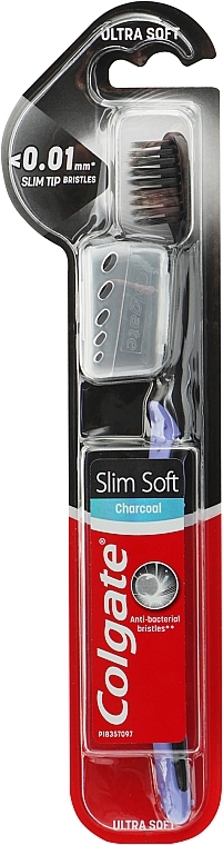 Зубна щітка "Шовкові нитки з деревним вугіллям", чорно-фіолетова з ковпачком - Colgate Slim Soft Toothbrush — фото N1
