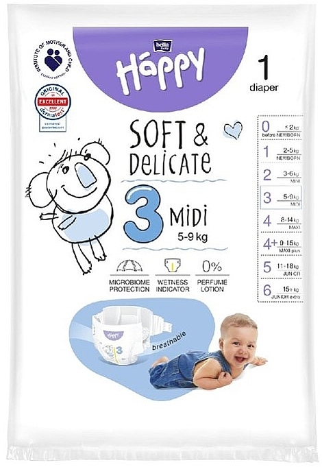 Детские подгузники 5-9 кг, размер 3 Midi, 1 шт - Bella Baby Happy Soft & Delicate — фото N1