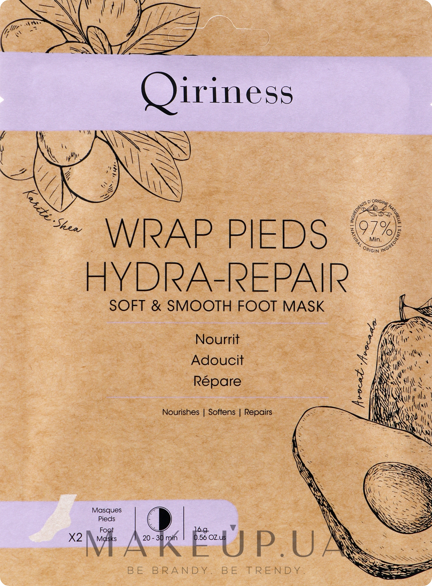 Смягчающая и разглаживающая маска для кожи ступней, натуральная формула - Qiriness Wrap Pieds Hydra-Repair Soft & Smooth Foot Mask — фото 16g