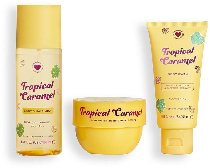 Набор - I Heart Revolution Tropical Caramel Nourishing Set (sh/gel/50ml+b/cr/68g/b/mist/100ml) — фото N2