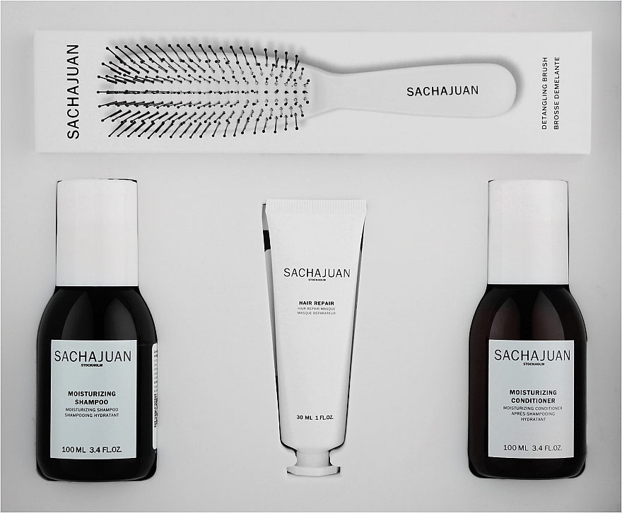Набор для глубокого увлажнения сухих, ломких и обесцвеченных волос - SachaJuan (shmp/100ml + cond/100ml + h/mask/30ml + brush/1pcs) — фото N1