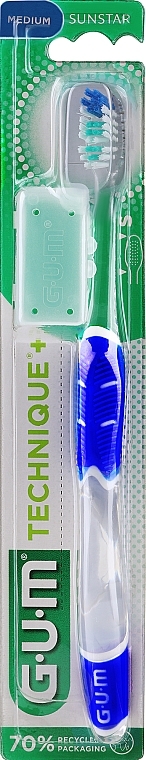 Зубная щетка, "Technique+", средней жесткости, синяя - G.U.M Medium Compact Toothbrush — фото N1