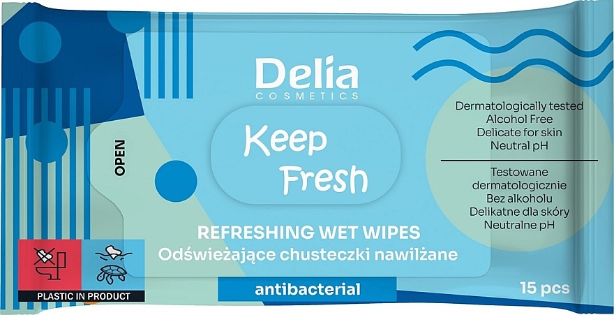 Вологі серветки "Антибактеріальні", 15 шт. - Delia Keep Fresh Refreshing Wet Wipes Antibacterial — фото N1