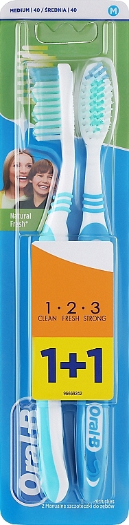 Набір зубних щіток (середня, блакитна + блакитна) - Oral-B 1 2 3 Natural Fresh 40 Medium 1 + 1 — фото N1