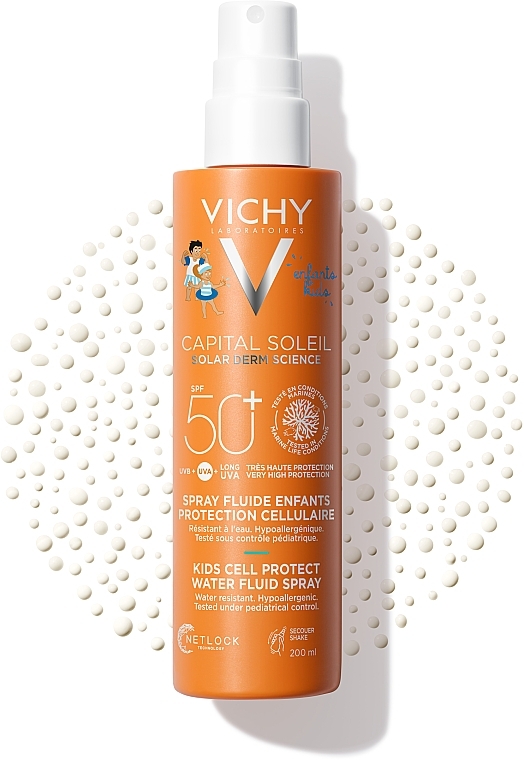 РОЗПРОДАЖ Сонцезахисний водостійкий спрей-флюїд для чутливої шкіри дітей, SPF50+ - Vichy Capital Soleil Kids Cell Protect Water Fluid Spray * — фото N1