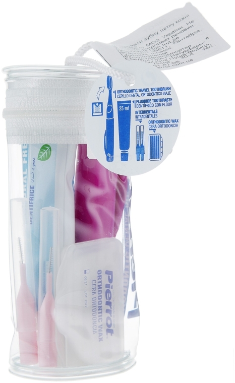 Набор дорожный ортодонтический, фиолетовый + розовый - Pierrot Orthodontic Dental Kit (tbrsh/1шт. + tpst/25ml + brush/2шт. + wax/1уп.) — фото N1