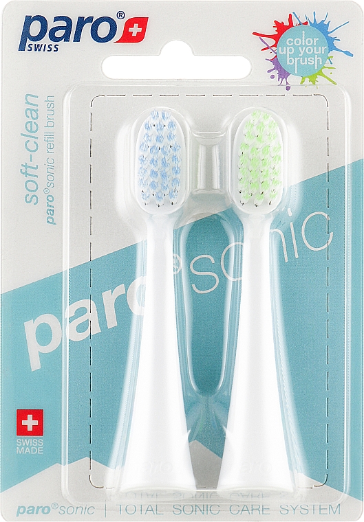 Сменные щетки для звуковой зубной щетки, синяя + салатовая - Paro Swiss Sonic Soft-Clean — фото N1