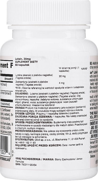 Харчові добавки - Jarrow Formulas Lutein 20mg — фото N2