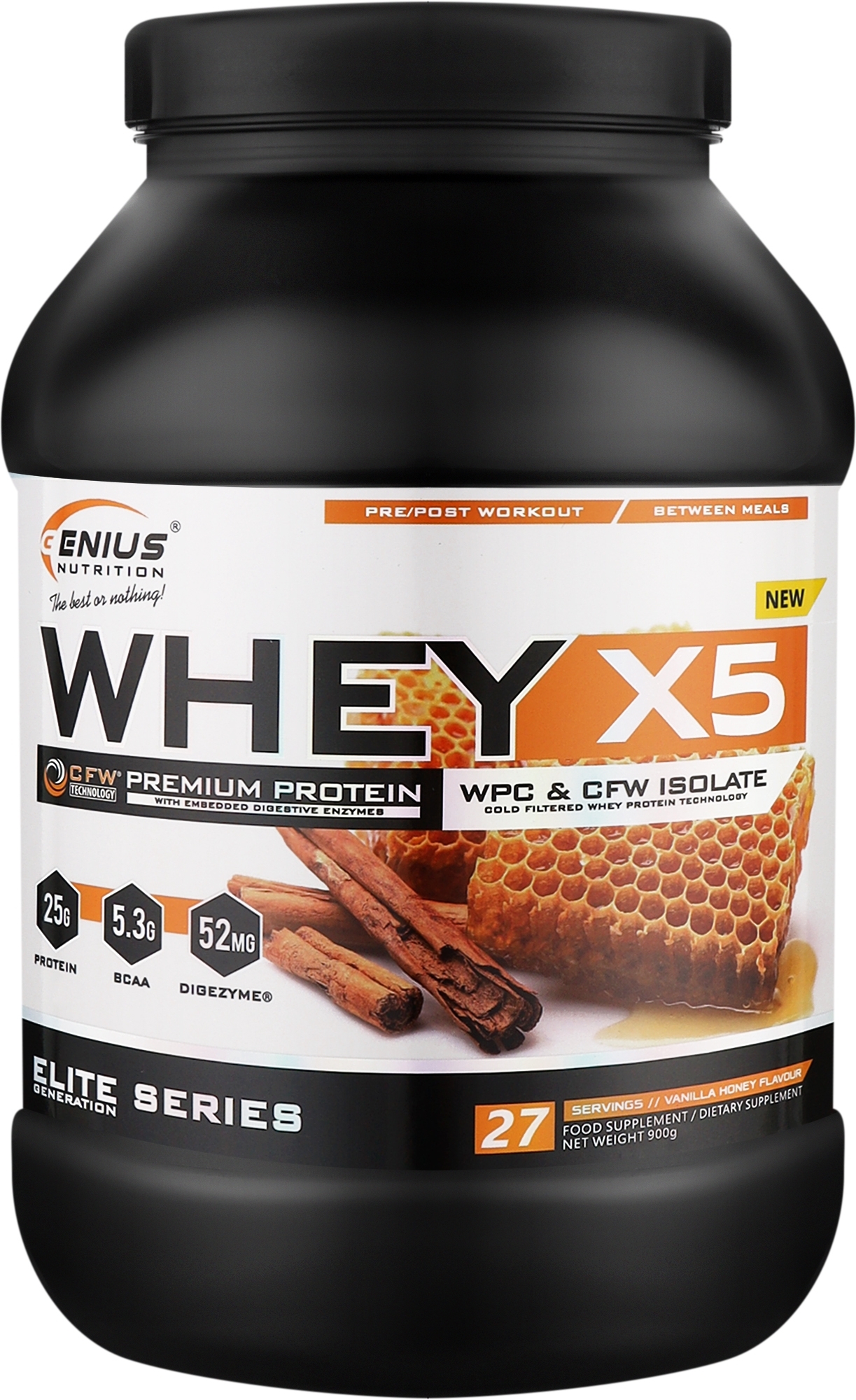 Протеин "Ваниль и мед" - Genius Nutrition Whey-X5 Premium Protein Vanilla Honey — фото 900g