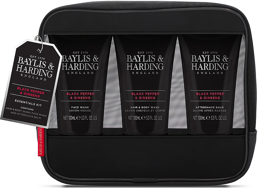 Набор - Baylis & Harding Signature Men's Black Pepper & Ginseng Toiletry Bag (hair/body/wash/100ml + a/sh/balm/100ml + face/wash/100ml + acc) — фото N1