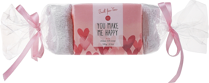 Набір для ванни "You make me happy" - Accentra Just For You Rose Sheep Milk Soap (soap/100g + bath/mitt/1pc) — фото N1