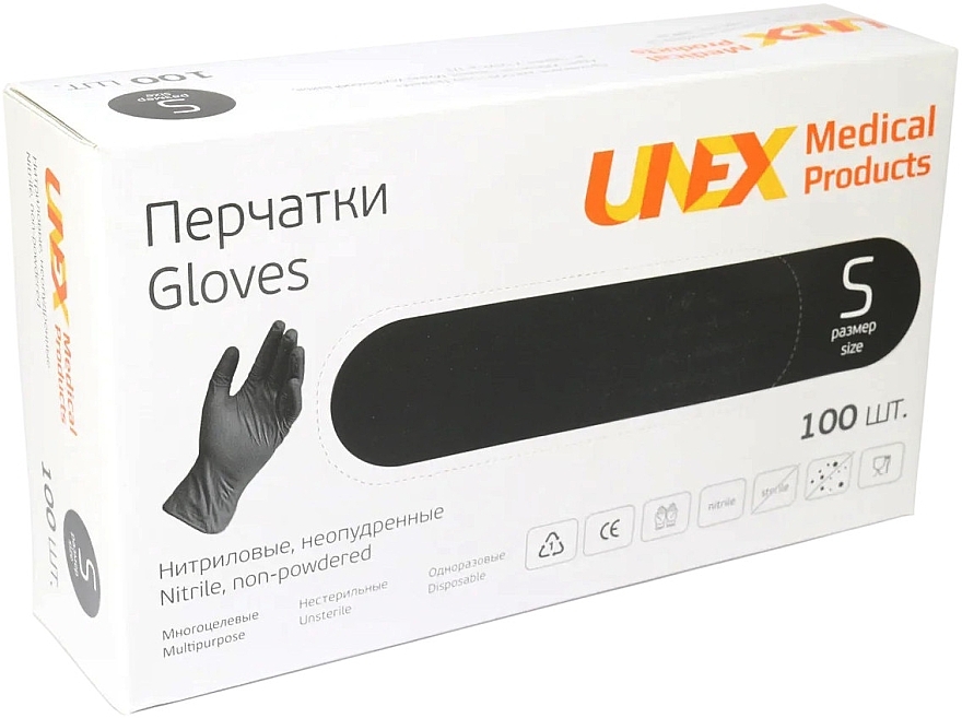 Перчатки нитриловые неопудренные, диагностические, размер S, черные - Unex Medical Products — фото N1