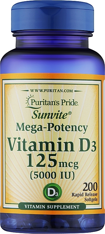 Пищевая добавка "Витамин D3" - Puritan's Pride Mega-Potency Vitamin D3 5000 IU — фото N1