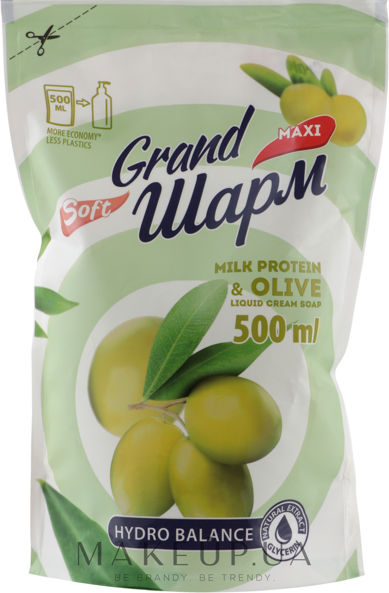 Жидкое крем-мыло "Молочный протеин и олива" - Мыловаренные традиции Grand Шарм Maxi Milk Protein & Olive Liquid Soap (сменный блок) — фото 500ml